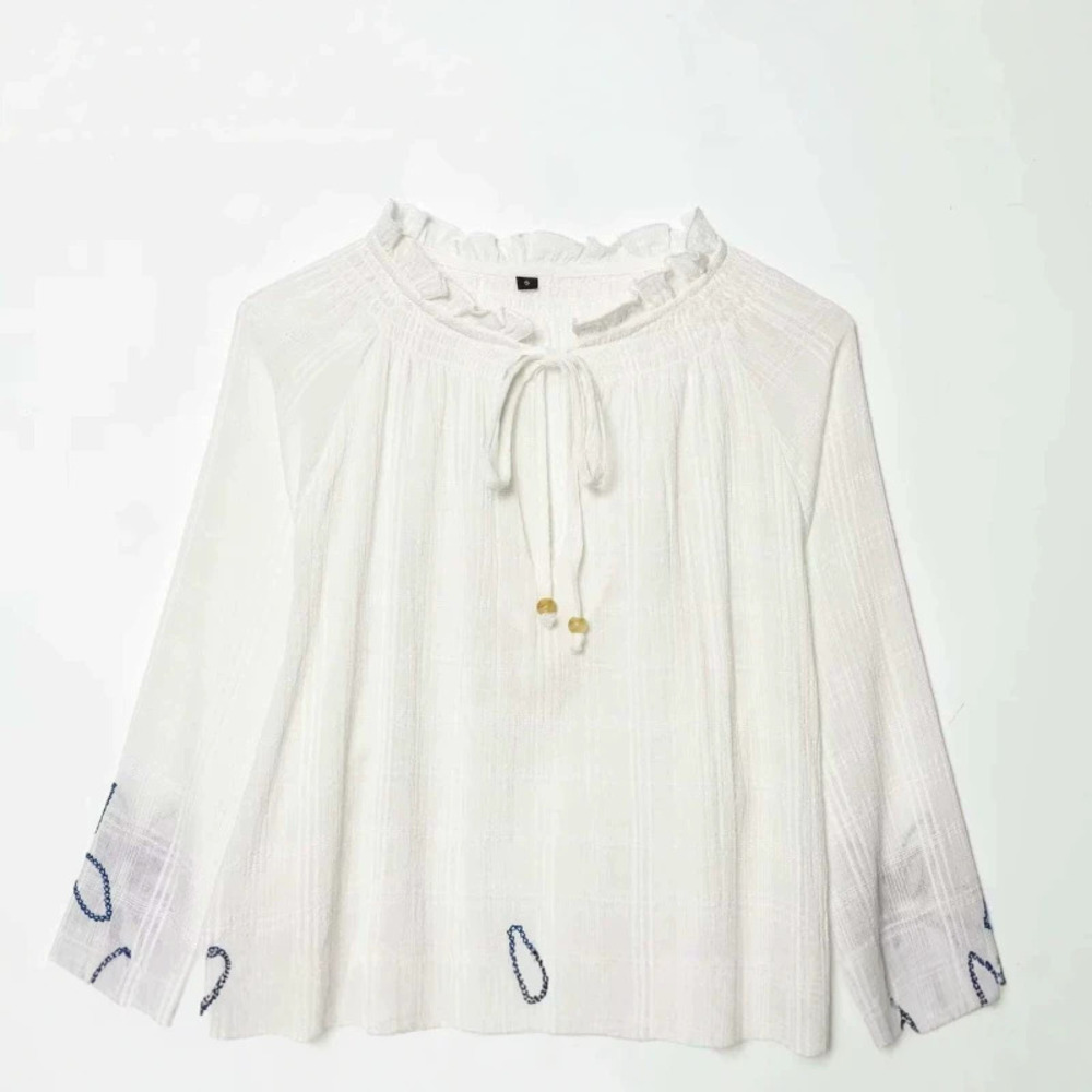ZARA Elegant Versatile Long Sleeve Floral Embroidery Stand Collar Blouse